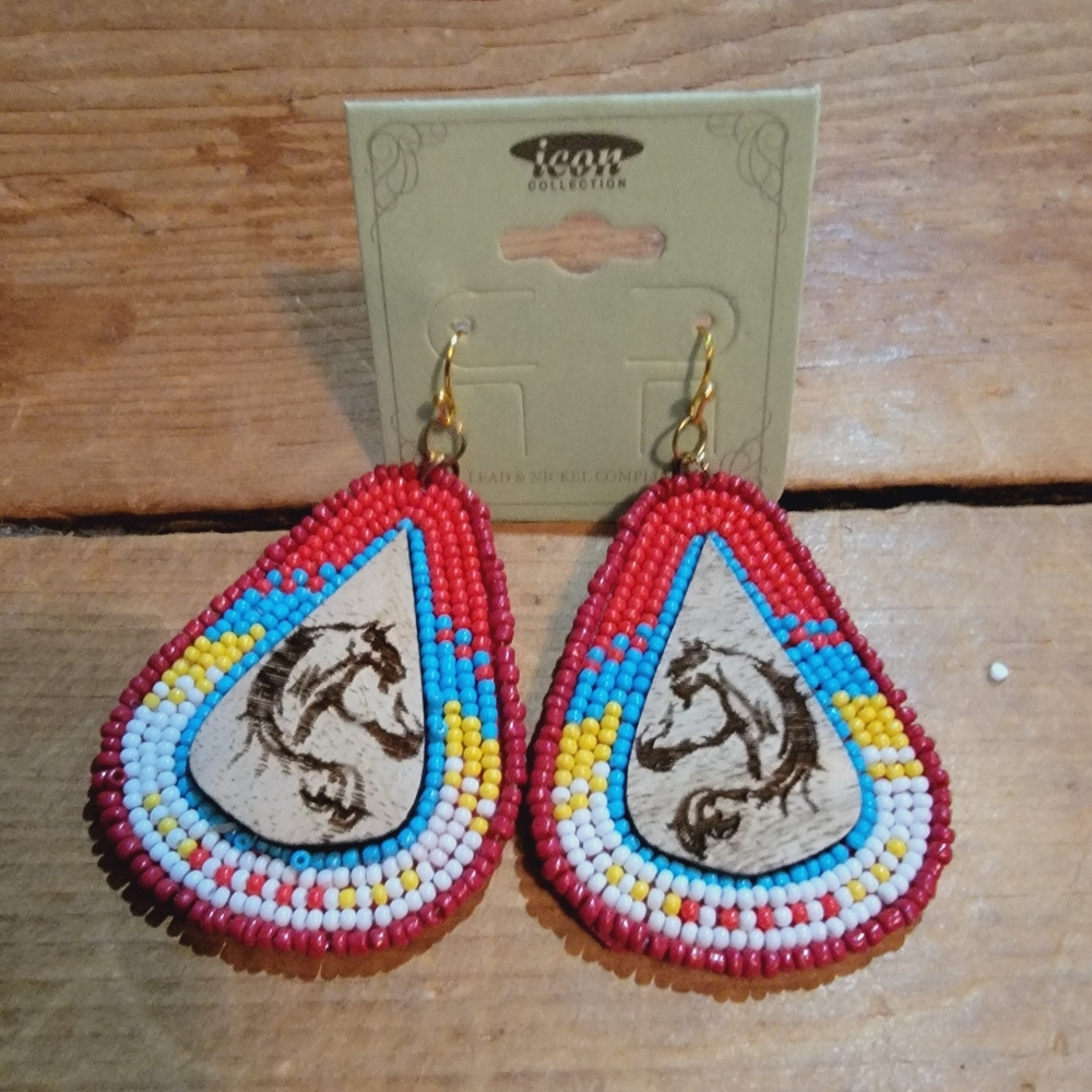 Cowgirl Country western Horse head seed bead & wood tear drop earrings